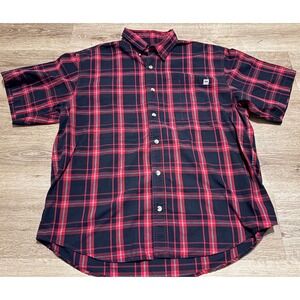 McCormick Farmall Mens Plaid Button Up Shirt Red Black XL Short Sleeve Farm Work